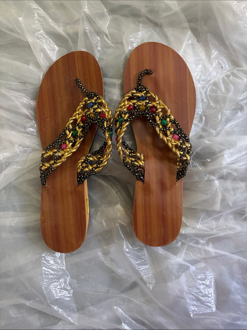 Beaded Gold and Black Womens Flip Flop Sandals